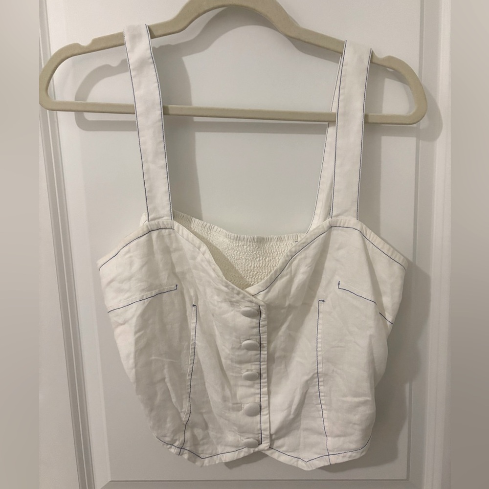 MAEVE by Anthropology Linen Blend White Blue Button Vest Tank size M